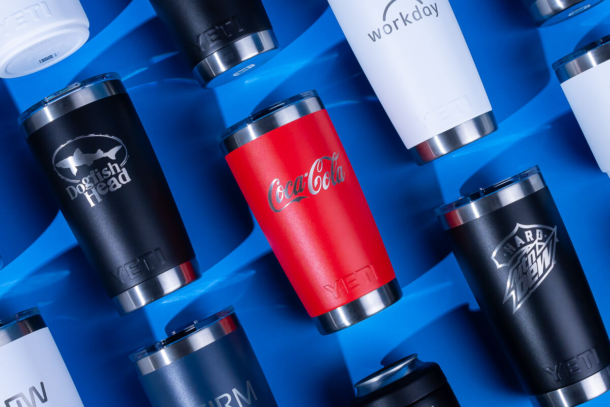 Custom YETI: Engrave your logo on top styles. Custom branding, fast turn times.