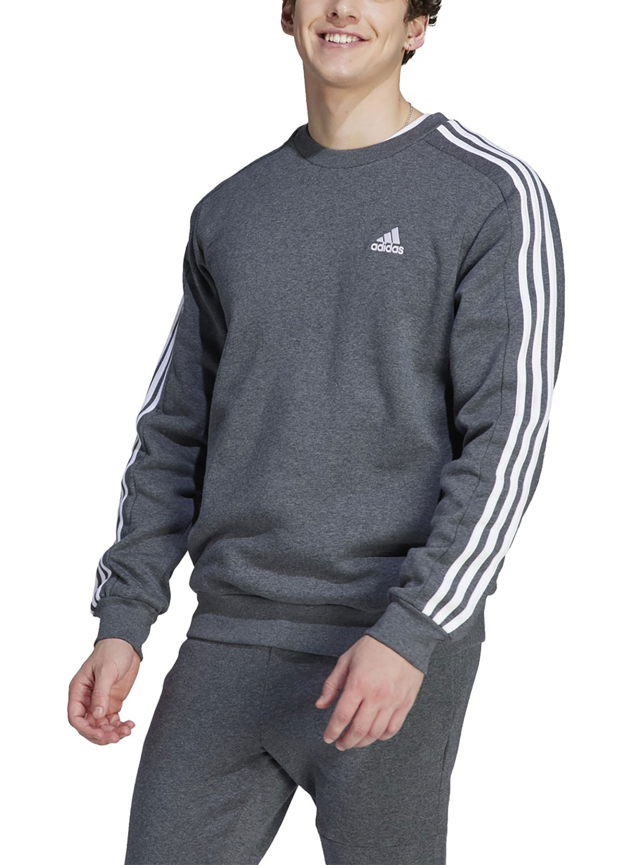 Printed Sweatshirts | Business Men\'s Adidas Dark 3-Stripes Essentials Sweatshirt Grey Fleece Heather